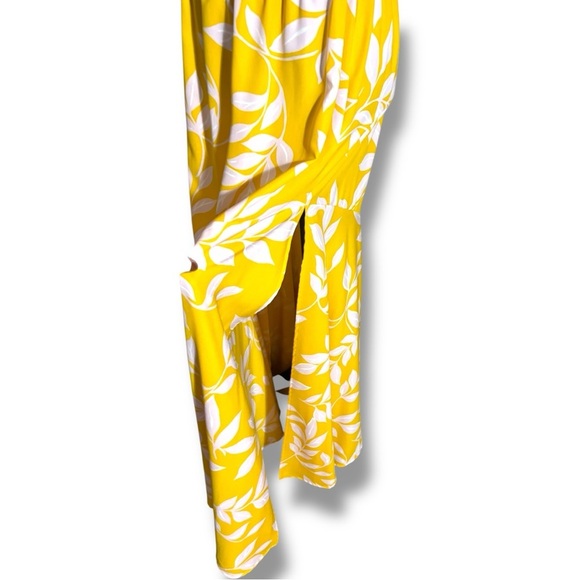 Tyche Bright Yellow with White Leaf Pattern Cinched Waist Strapless Maxi Dress - Picture 4 of 16